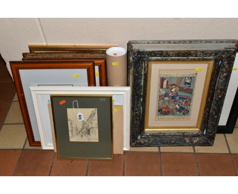 A SMALL SELECTION OF PICTURES AND PRINTS, to comprising a Frank Lewis Emanuel pencil sketch, approximate size 16cm x 12cm, a 