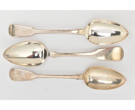 THREE GEORGIAN SILVER TABLESPOONS, fiddle pattern spoons with polished terminals, each hallmarked for London, makers marks 'T