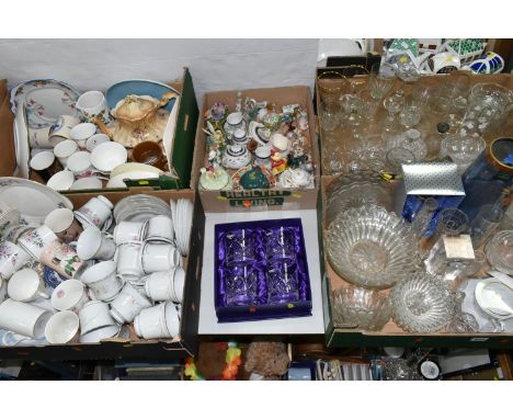 FIVE BOXES AND LOOSE CERAMICS AND GLASS WARE, to include a boxed set of four Edinburgh Crystal tumblers, three Stuart Crystal