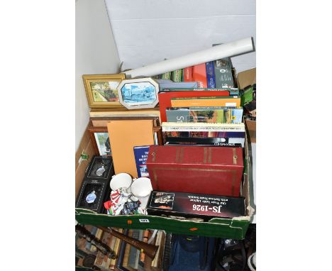 TWO BOXES OF RAILWAY INTEREST, to include two albums of postcards of mainly steam locomotives, nine books about railways, nin