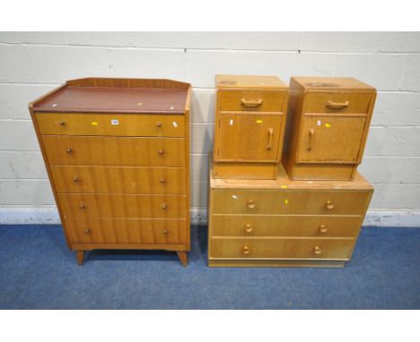 A MID CENTURY LEBUS CHEST OF FIVE LONG DRAWERS, width 76cm x depth 46cm x height 113cm, a low oak chest of three long drawers