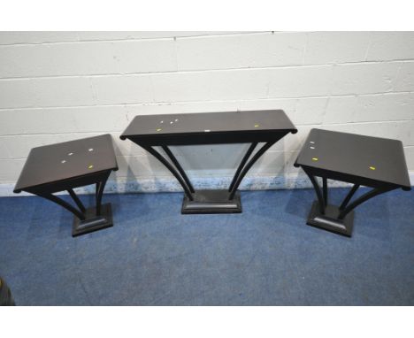 A MODERN CONSOLE TABLE, with three frieze drawers, raised on four shaped legs, and a stepped base, width 120cm x depth 40cm x