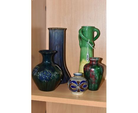 FIVE ART POTTERY VASES, comprising a Brannam three handled vase of cylindrical form, with tapering base, green and yellow gla