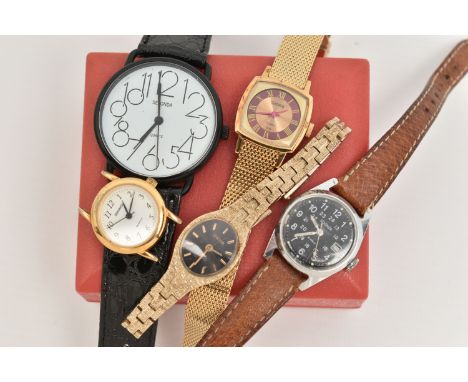 A SELECTION OF FIVE SEKONDA WRISTWATCHES, to include a Military style wristwatch with black dial and date window at three o'c