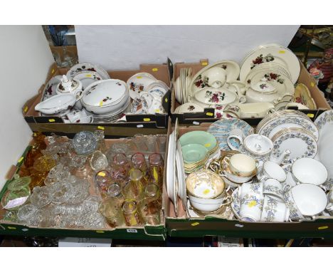 FOUR BOXES OF CERAMIC DINNERWARE AND GLASS, included Aynsley bone china pattern 7949, heavy gilt plated handled soup bowls, I