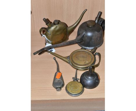 A GROUP OF VINTAGE LUCAS OIL CANS, comprising No 40 Oiler, No 38 Motor Oiler, No 62 Forced Feed, Vesta and 'The Favorite Oile