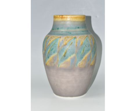 A 1930S PILKINGTONS ROYAL LANCASTRIAN LAPIS WARE VASE, of baluster form, decorated with geometric patterns in pastel coloured