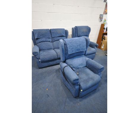 A BLUE PATTERENED UPHOLSTERED THREE PIECE LOUNGE SUITE, comprising a two seater sofa, length 134cm x depth 100cm x height 107