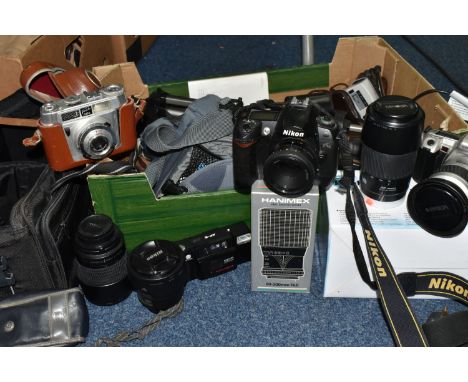 A BOX OF CAMERAS AND PHOTOGRAPHIC ITEMS, to include a Nikon D70s digital camera fitted with a Nikon f1.8 50mm lens (camera bo