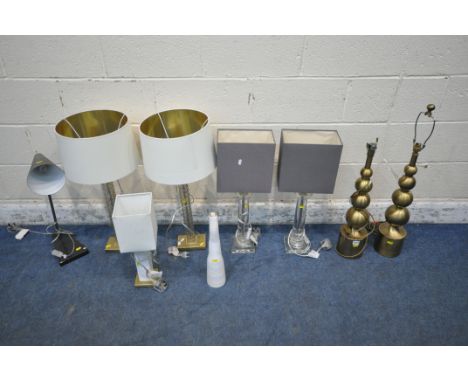 THREE PAIRS OF TABLE LAMPS, two other table lamps and a vase, all varying in shape, size, style, materials, etc (condition re
