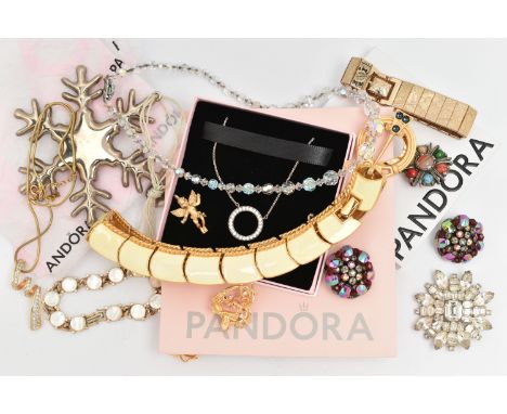 A SELECTION OF DESIGNED AND NAMED JEWELLERY, to include a PANDORA paste set wreath necklace with Pandora case, a white metal 