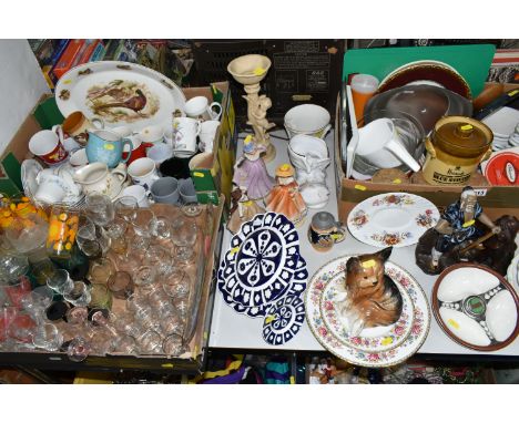 THREE BOXES AND LOOSE GLASSWARE AND CERAMICS, to include a set of four Royal Albert collectors plates, from the Cottage Garde