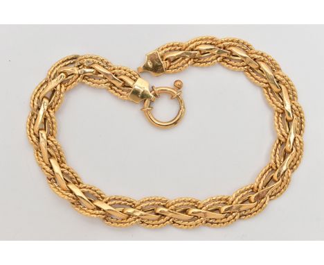 A 9CT GOLD BRACELET, of fancy curb link design with outer double rope twist edging, 9ct hallmark, length 210mm, approximate w