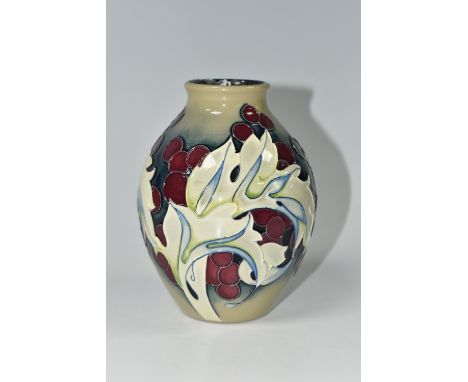 A MOORCROFT POTTERY 'ACANTHUS LEAF' DESIGN VASE, by Emma Bossons, 2013, painted and impressed marks to the base, height 14cm 