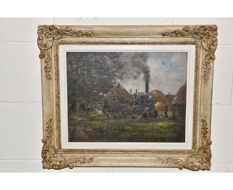 BRITISH 20TH CENTURY SCHOOL, Harvest scene with steam engine and haywains beside stooks, oil on canvas, indistinctly signed l