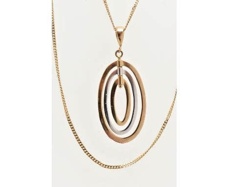 A 9CT GOLD NECKLACE, designed as a bi colour oval spinning pendant, fitted with a tapered bail, approximate length 38mm, hall