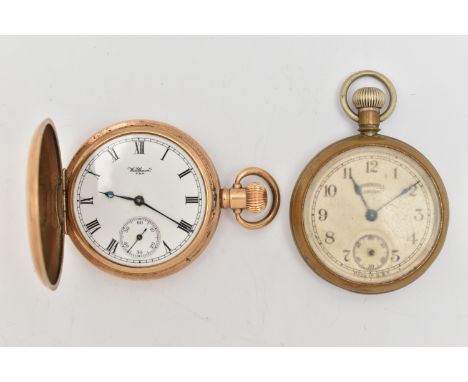 TWO POCKET WATCHES, the first a rolled gold, manual wind 'Waltham' full hunter pocket watch, missing glass/Perspex, round whi