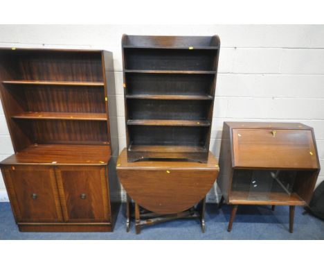 A MAHOGANY OPEN BOOKCASE, with double cupboard doors, width 92cm x depth 46cm x height 169cm, a mid-century teak bureau, a ma