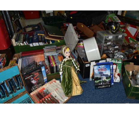 FIVE BOXES AND LOOSE MISCELLANEOUS ITEMS, to include books on the subjects of music, religion, places, etc. DVDs and CDs, an 