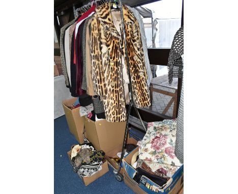 FIVE BOXES AND LOOSE CLOTHES, COATS, CURTAINS, AND ACCESORIES, to include three sets of lined curtains with floral designs, h