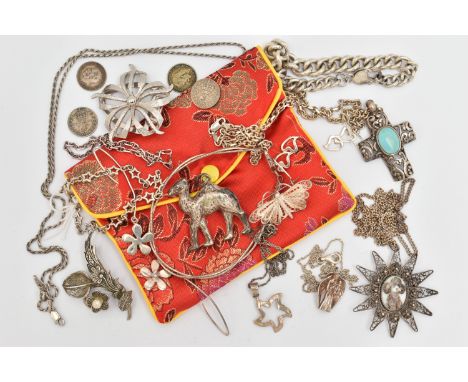A SELECTION OF SILVER AND WHITE METAL JEWELLERY, to include a pair of long floral ear pendants stamped 925, a filigree butter