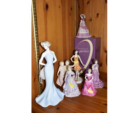 A GROUP OF SEVEN FIGURINES comprising three matte Coalport Beau Monde figurines to include Figure of the Year 1998 Isobel, La