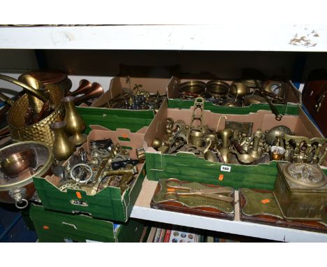 FOUR BOXES AND LOOSE METALWARE, to include three vintage wooden handled copper bed warmers, two horns, sieve, and small kettl