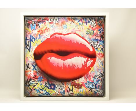 RERUN (BRITISH CONTEMPORARY) 'REBEL', a signed limited edition print on canvas, depicting a pair of lips against a graffiti b