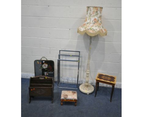 A SELECTION OF OCCASIONAL FURNITURE, to include a gypsy mirrored fire screen, a chrome towel rail, oak magazine rack, music b