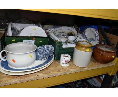 THREE BOXES OF CERAMICS, to include a Japanese hand painted dinner set, a set of blue and white Myott 'The Hunter' pattern so