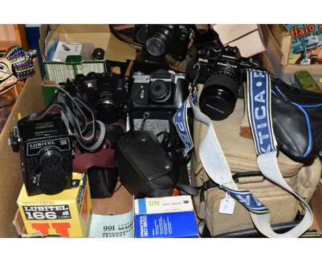 TWO BOXES OF VINTAGE CAMERAS AND PHOTOGRAPHIC EQUIPMENT, to include a Polaroid Colorpack 80 camera, a boxed Lubitel Universal