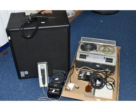 A POLYTONE MINI BRUTE AMPLIFIER AND A BOX OF AUDIO EQUIPMENT to include a loose Polytone Mini Brute III guitar amplifier, ser