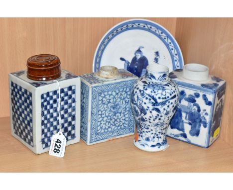 FIVE PIECES OF LATE 18TH, 19TH AND 20TH CENTURY CHINESE BLUE AND WHITE PORCELAIN, comprising two rectangular tea caddies, one