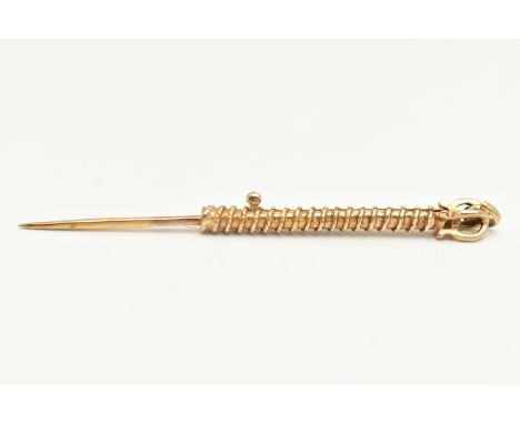 A 9CT GOLD TOOTHPICK, retractable blade hallmarked 9ct London, twist detail barrel fitted with a jump ring for suspension, op
