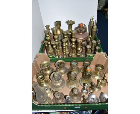 TWO BOXES OF BRASS CANDLE STICKS, to include ten Mason candle lamps (missing glass shades), a large quantity of brass candle 