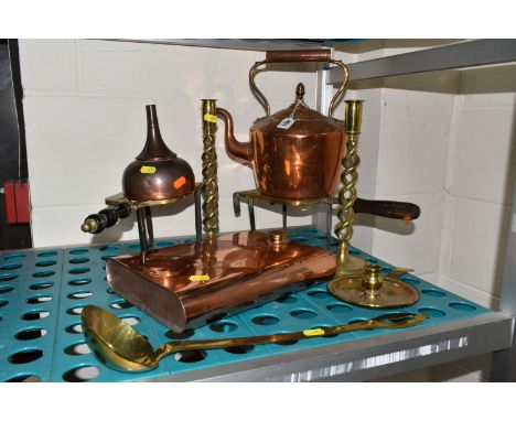 A GROUP OF COPPER AND BRASS ITEMS comprising a copper Joseph Lucas No. 33 Birmingham petrol funnel, a rectangular copper wate