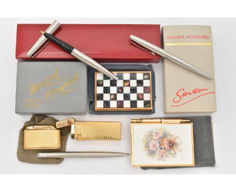 A SELECTION OF PENS, LIGHTERS AND COMPACTS, to include three Parker pens with brushed steel cases, a Colibri mono gas lighter