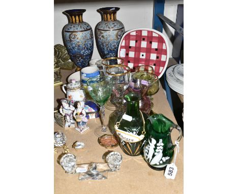 A COLLECTION OF CERMAICS AND GLASSWARE, included pair Swarovski crystal pricket candlesticks, vintage porcelain trinket box, 