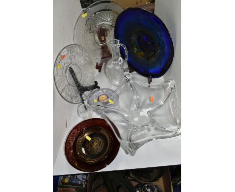 A COLLECTION OF ART GLASS, comprising a French Waltersperger crystal carafe, height 26cm, inscribed on the base, a large clea