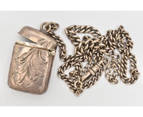 A SILVER ALBERT CHAIN AND VESTA CASE, the graduated Albert chain with each link stamped with a sterling mark, fitted with a l