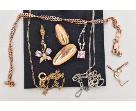 A SELECTION OF JEWELLERY, to include a 9ct white gold pink gem pendant, to the fine curb link chain, also an amethyst and qua