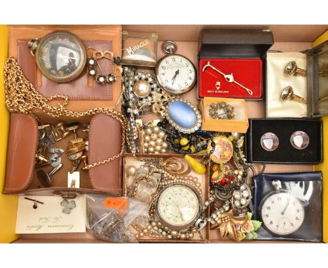A BOX OF ASSORTED ITEMS, to include a base metal 'Railway Timekeeper Shock-Proof Specially Examined' manual wind open face po
