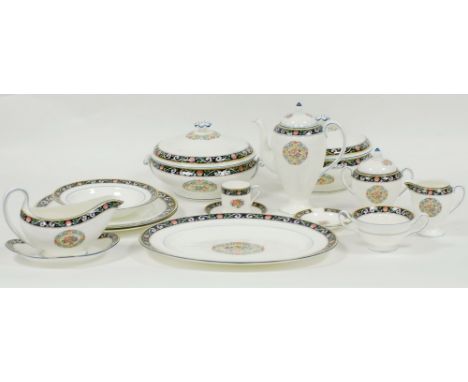 SIXTY FOUR PIECE WEDGWOOD 'RUNNYMEDE' PATTERN CHINA DINNER AND COFFEE SERVICE for six persons, including turned circular two 