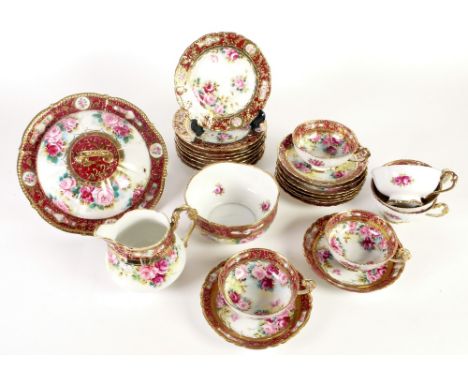 TWENTY SIX PIECE HAND PAINTED JAPANESE PORCELAIN PART TEA SET, floral painted  with maroon and gilt borders, comprising; SIX 