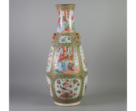 LATE NINETEENTH/EARLY TWENTIETH CENTURY CHINESE FAMILLE ROSE PORCELAIN VASE, of footed oviform with gilt moulded mask ring ha