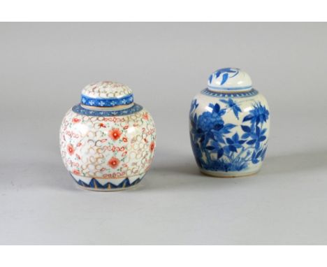 CHINESE PORCELAIN SMALL GINGER JAR AND COVER, painted with a bird and winged insect above flowering foliage, AND ANOTHER pain