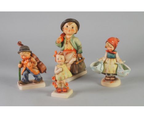 FOUR GOEBEL TMK-3  POTTERY FIGURES, COMPRISING; 'Merry Wanderer' (7/1), 7" (17.8cm) high, 'Little Cellist' (89/1), 6" (15.2cm
