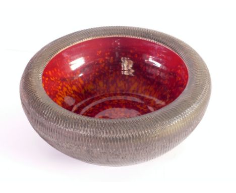 POOLE STUDIO POTTERY BOWL, of steep sided form, the interior glazed in mottled orange and red, the exterior ribbed and glazed