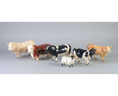 FIVE BESWICK POTTERY MODELS OF CATTLE, COMPRISING; THREE BULLS, gloss, Charolais (2463A), 5" (12.7cm), Fresian 'Coddington Hi