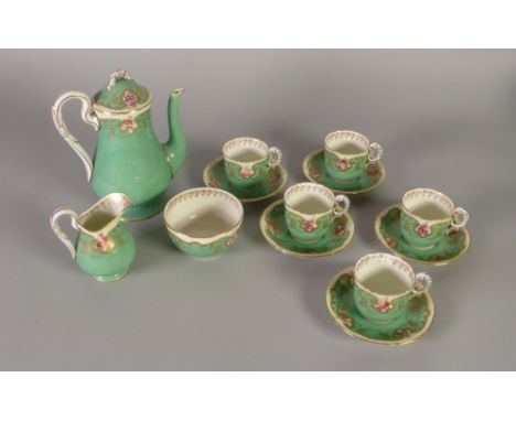 EARLY TWENTIETH CENTURY FIFTEEN PIECE ROYAL WORCESTER CHINA COFFEE SERVICE FOR SIX PERSONS, apple green and gilt with floral 